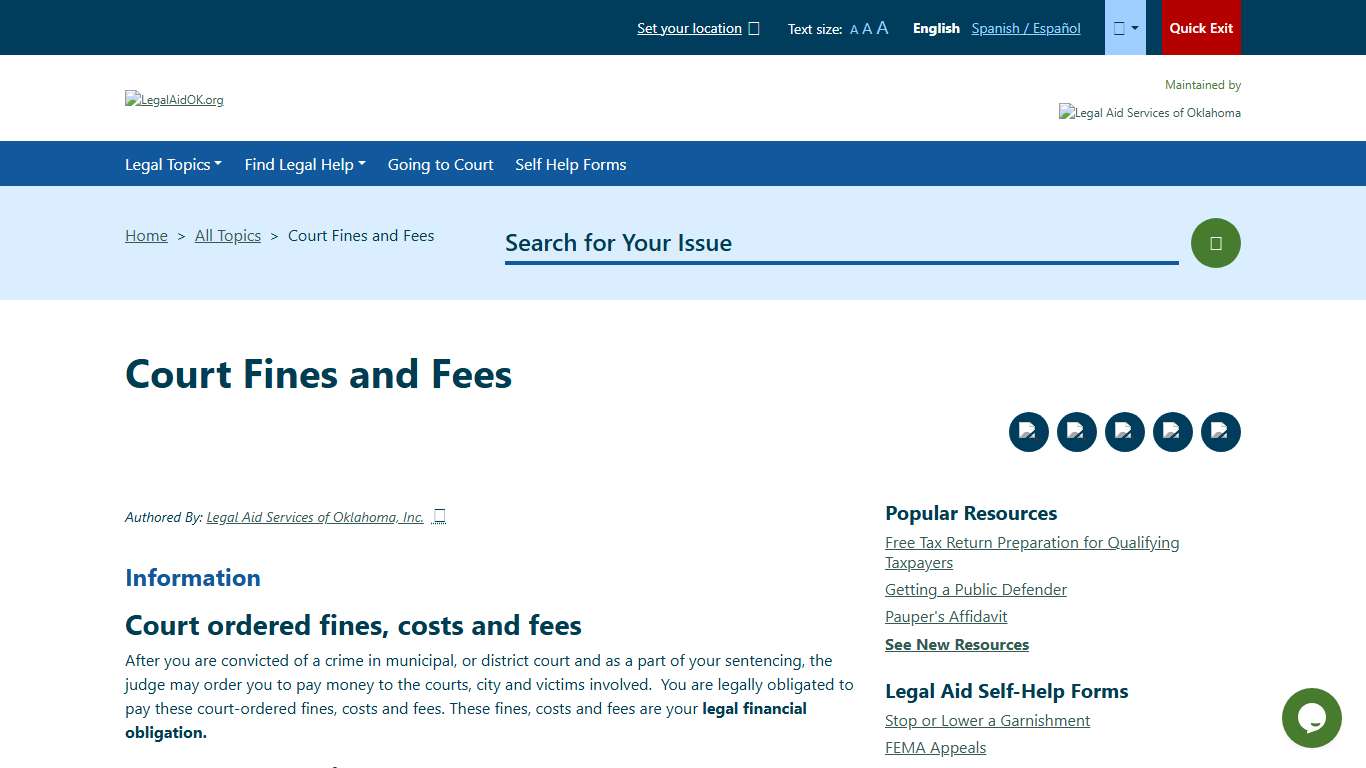 Court Fines and Fees Welcome to Legal Aid Services of Oklahoma's guide to free legal help in Oklahoma.